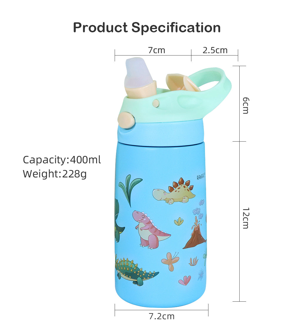 iZEL Kids Stainless Steel Water Bottle – 400ml Vacuum Insulated Thermos with Food Grade Silicone Straw, BPA-Free, Heat Preservation, Leak-Proof, Portable – Ideal for School and Travel