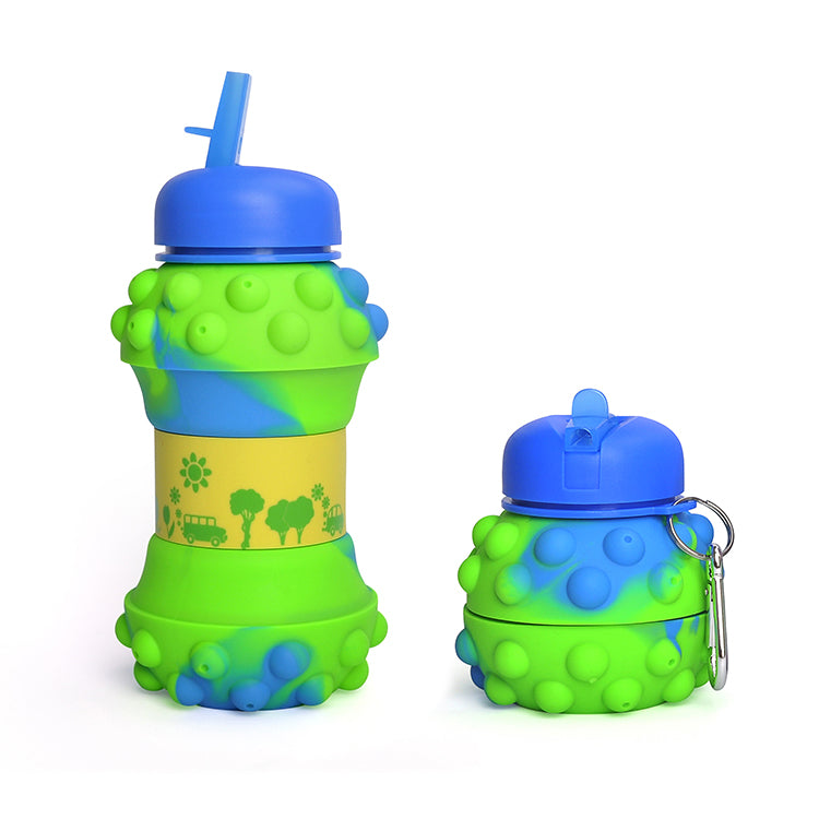 Kids Collapsible Water Bottle BPA Free Silicone Reusable Leakproof Safe Drinks Bottle 20oz (Green/Blue)