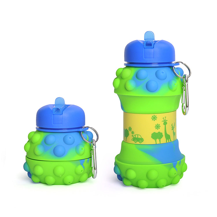 Kids Collapsible Water Bottle BPA Free Silicone Reusable Leakproof Safe Drinks Bottle 20oz (Green/Blue)